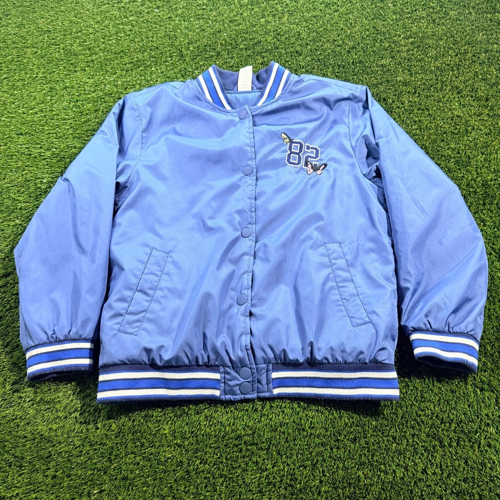 Thereabouts Girls Blue Varsity Bomber Jacket Butterfly 82 Embroidered Size L 14